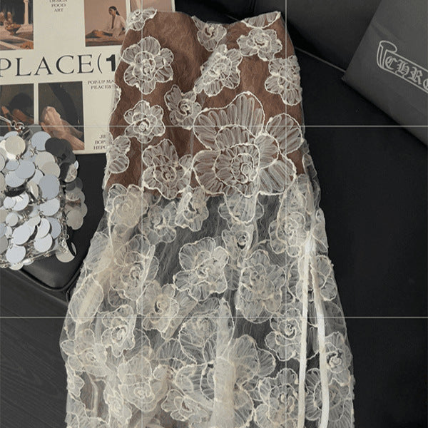 2025 Contrasting color splicing skirt women's mesh embroidery high-end new gentle style design skirt