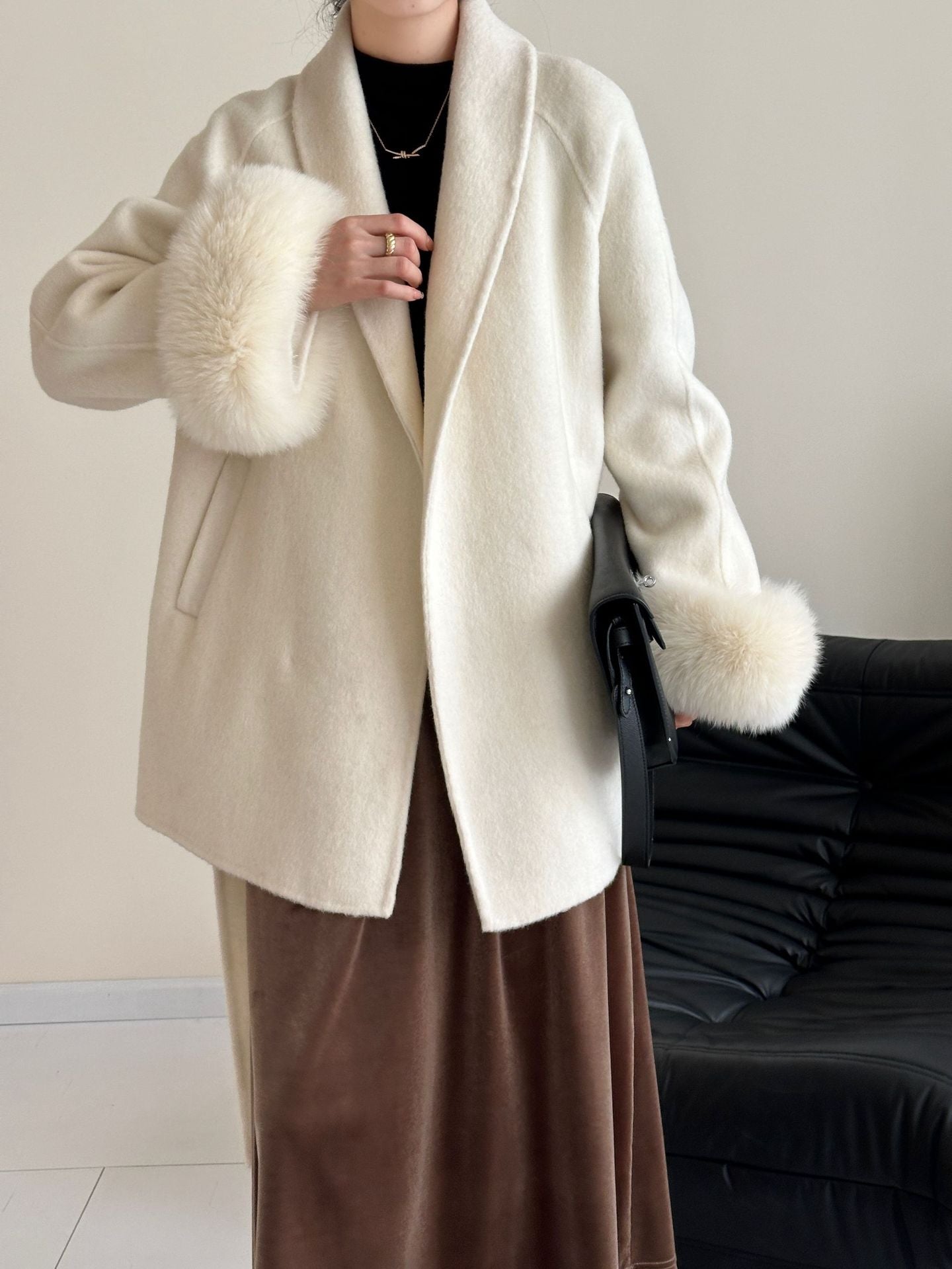 2025 Fox fur shoulder sleeves lapel cuffs removable double-sided wool coat medium and long lace-up woolen jacket autumn and winter