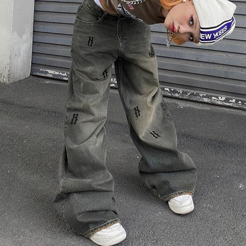 flowersverse HOTan and NEWn Low Waist Loose Distressed Printed Jeans Women's Street Hot Girl Personality Trousers Mop Wide Leg Pants Tide