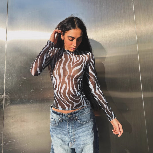 Zebra pattern fashion sexy see-through mesh long-sleeved T-shirt outside wearing female spice girl senior sense thin summer top female