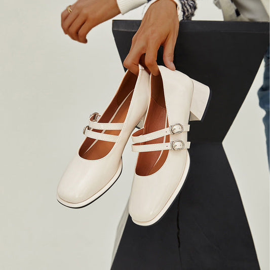 flowersverse - Women Square Toe Vintage Dubble Strappy Buckle Decor Heeled Mary Janes