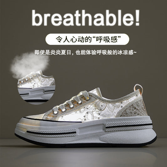 flowersverseSummer Mesh Canvas Shoes for Women New Versatile Breathable Thick Sole Height Increasing Ins Korean Style Casual Sneakers for Students