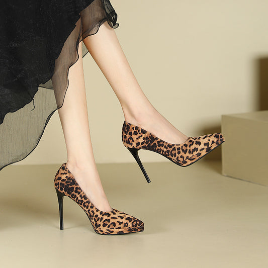 2025 1233A New Popular trade waterproof table leopard print high heels women's pointed thin heels super high heels sexy suede single shoes