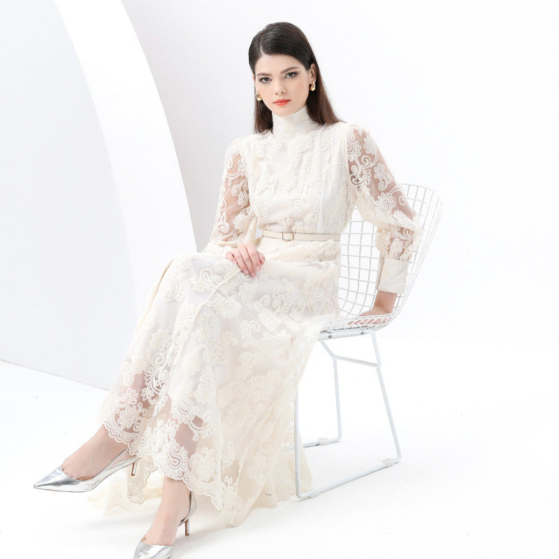 Early Spring - Court Style Lantern Sleeve High Neck Embroidered Wide Swing Long Dress