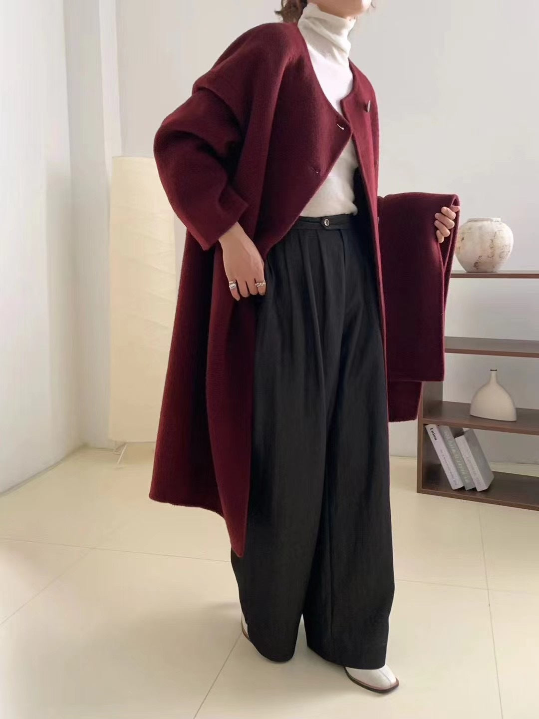 2025 Yak velvet mulberry silk wool single-row multi-button scarf, shoulder-length sleeves, double-sided woolen cashmere coat, no vest.
