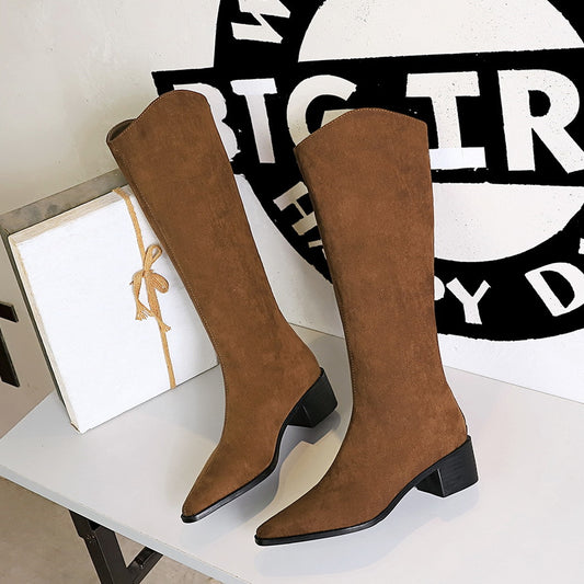 FLOWERSVERSE 2025 578-7 style banquet tall boots suede medium heel thick heel fashion simple versatile tall women's boots knight boots