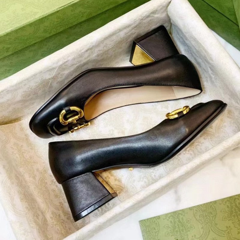 flowersverse Pure Original G High Heels Horsebit Buckle Genuine Leather Retro Slip-on Square Toe Chunky Heel Closed Toe Strap Slingback Sandals Women
