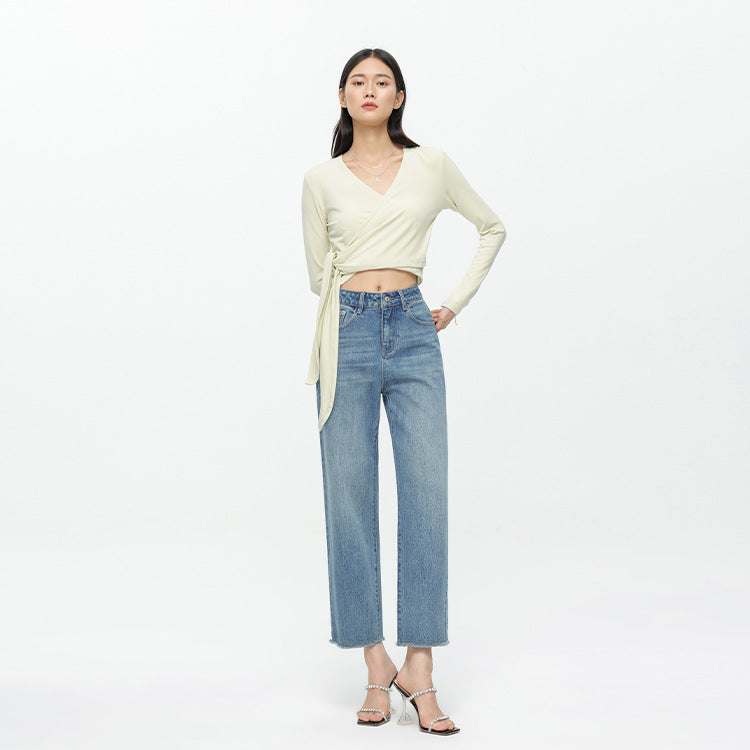 2025 Autumn women's new Lycra fabric visual high-profile rough edge nine-point pants 3.60 million like elastic denim straight pants