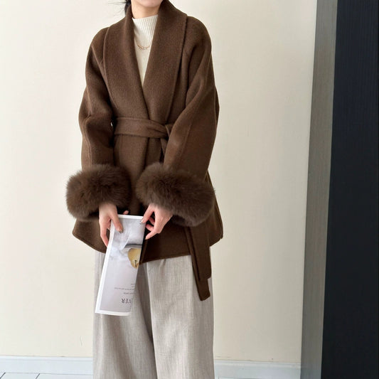 2025 Fox fur shoulder sleeves lapel cuffs removable double-sided wool coat medium and long lace-up woolen jacket autumn and winter