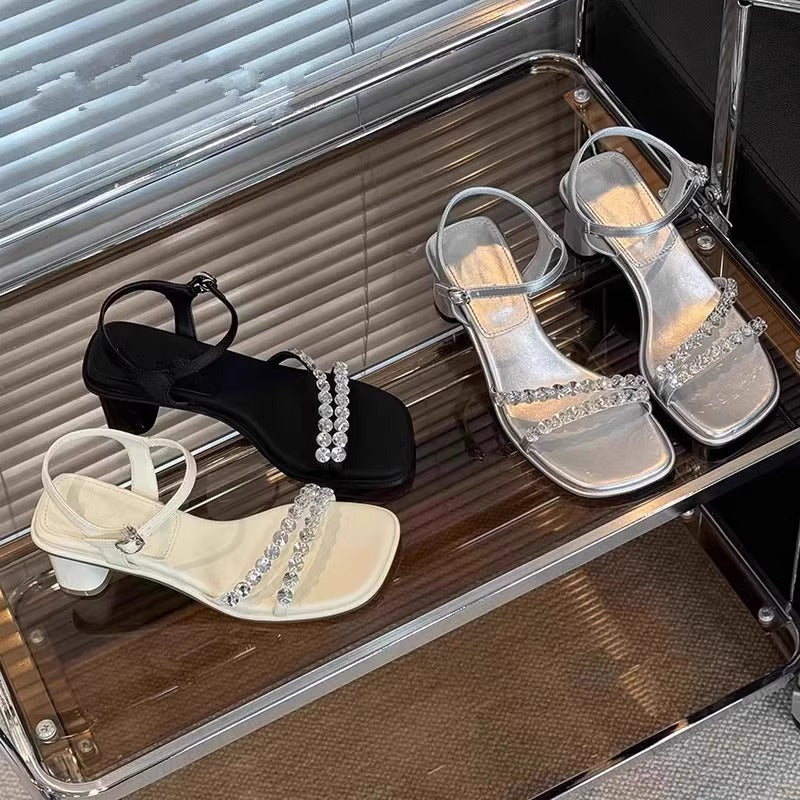 flowersverse Summer New Fairy Style Rhinestone Style One-Word with Chunky Heel Elegant Dress High Heel Beautiful Sandals for Women