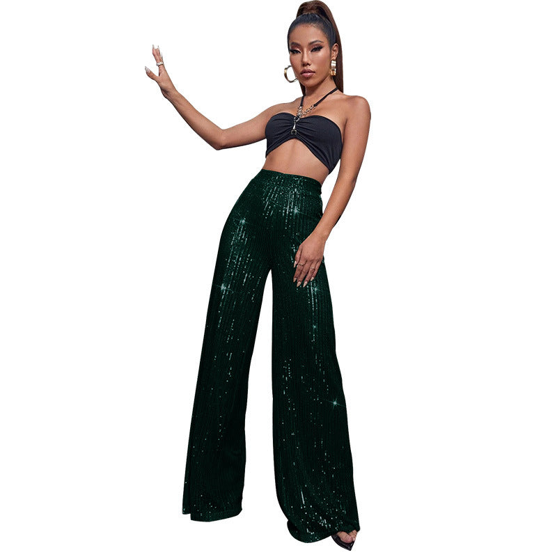 flowersverse HOT and NEW Cross Border Women's Pants Women's Autumn and Winter Trousers High Waist Wide Leg Pants Draping Effect Sequined Casual Pants for Women