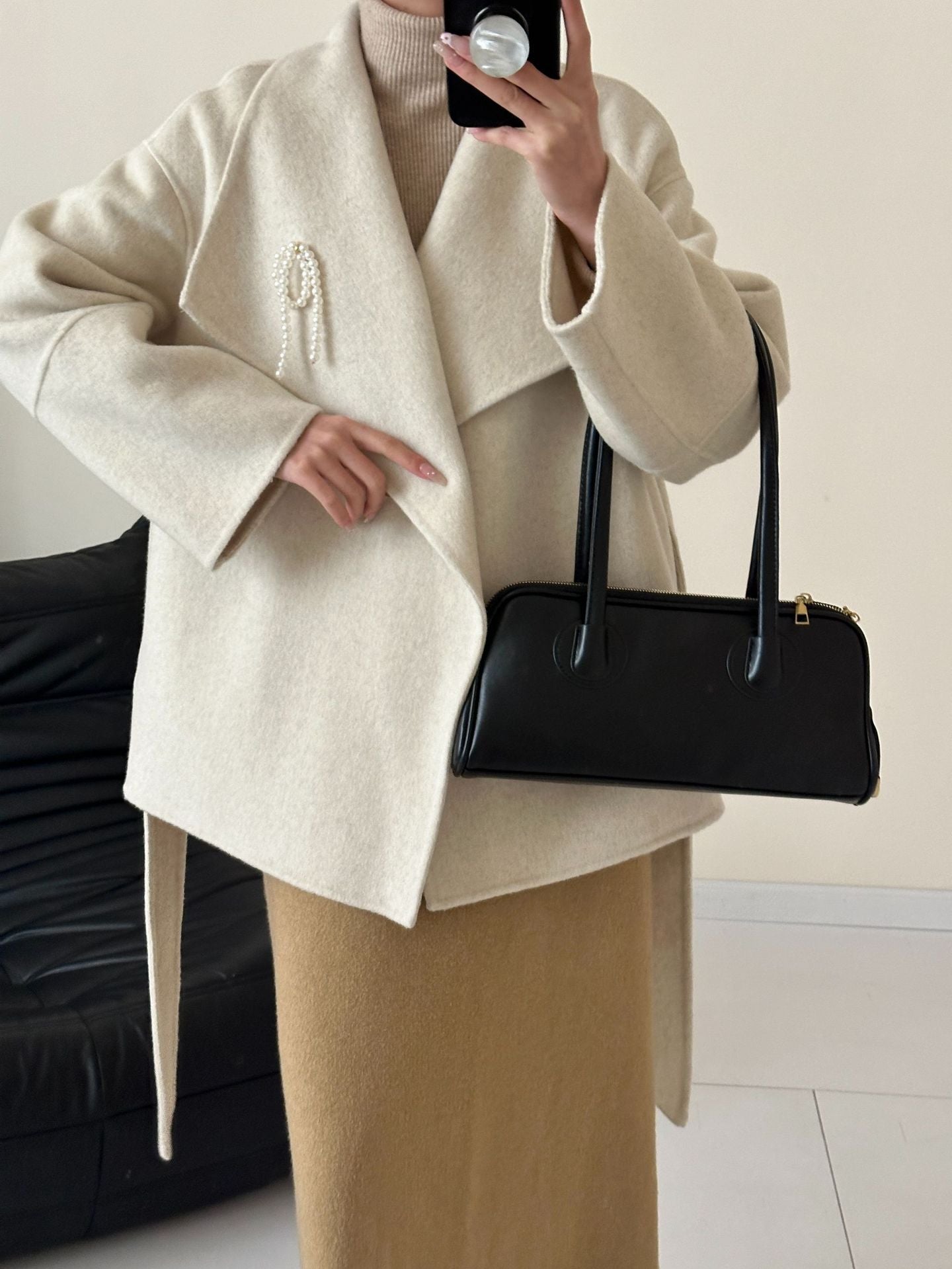 2025 Large lapel lace-up sleeves pearl accessories high-end double-sided wool coat woolen jacket women's warm autumn and winter