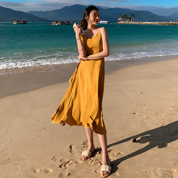 2025 Internet celebrity beach dress women Sanya seaside vacation thin bohemian long dress super fairy yellow dress summer dress