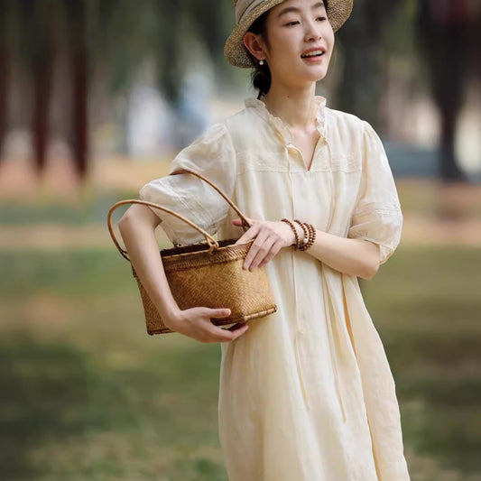 2025 summer fairy large size long dress yarn thin man JI fine natural ramie lace dress A0436