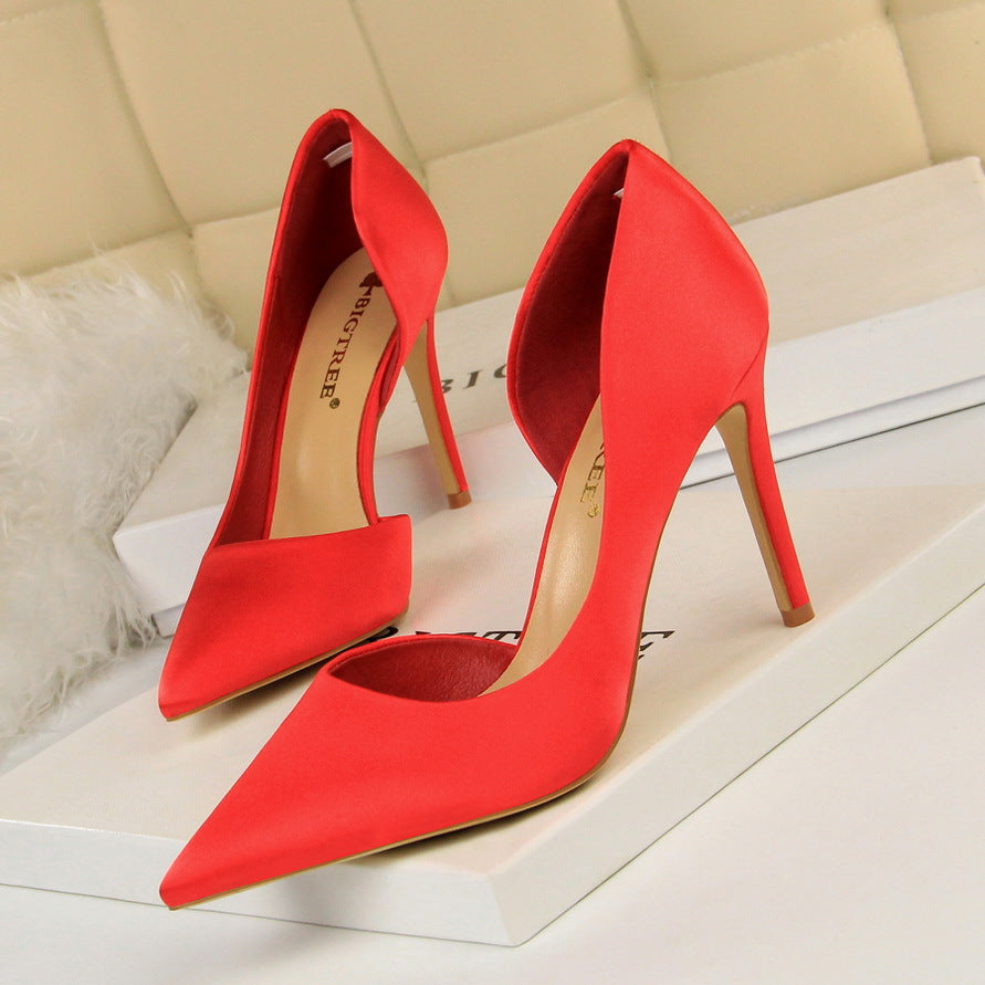 2025 830-3 style fine high-heeled satin light mouth pointed side hollow sexy nightclub thin single shoes women's high heels