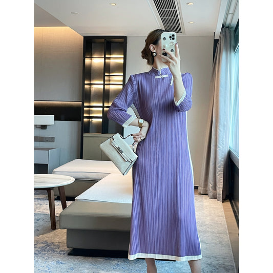 Miyake autumn new retro long improved cheongsam skirt color matching elegant slim pleated dress