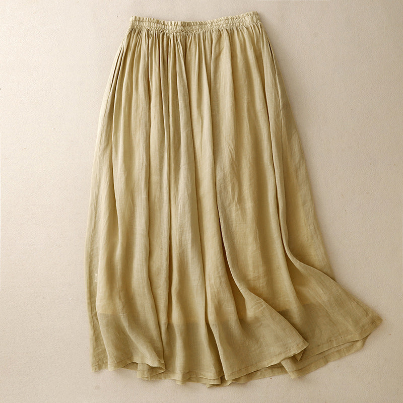 summer new literary and retro national style elastic waist cotton and linen loose and versatile yoga double-layer elegant skirt