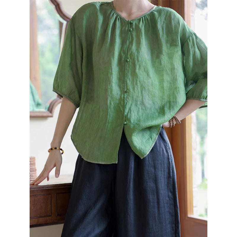 Mountain field cool, handmade button-up Chinese shirt summer new green small fresh literary and retro top