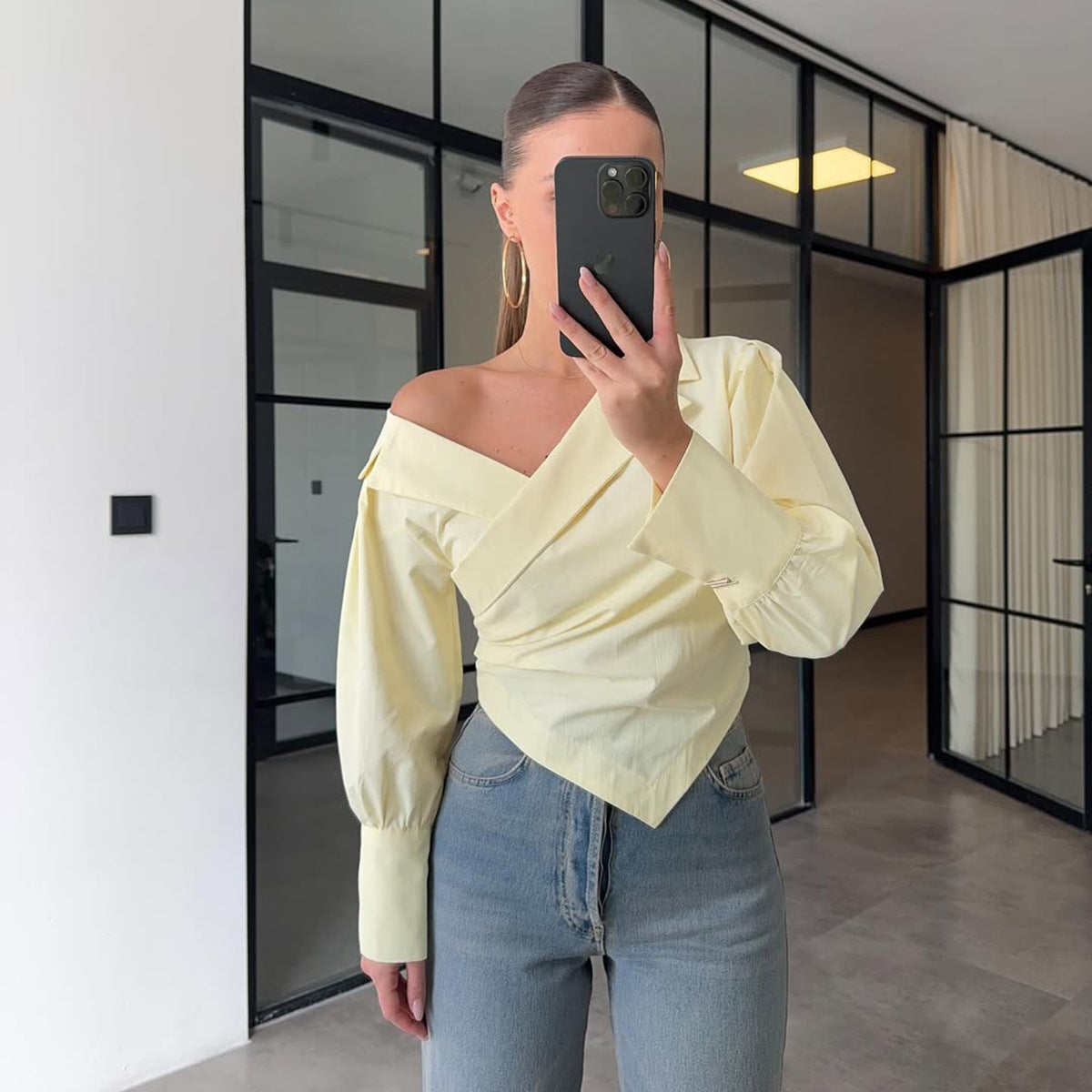 high-end light luxury summer solid color off-the-shoulder lapel lantern cuff waist design long-sleeved shirt