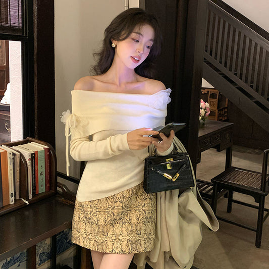 2025 spring new Korean version of flower temperament one-word neck wool knitted sweater women's top 25188