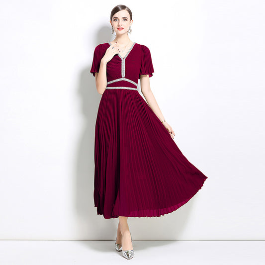Spring and summer new high-end women's clothing heavy industry nail diamond inlaid georgette pleated v-neck short-sleeved commuter celebrity dress