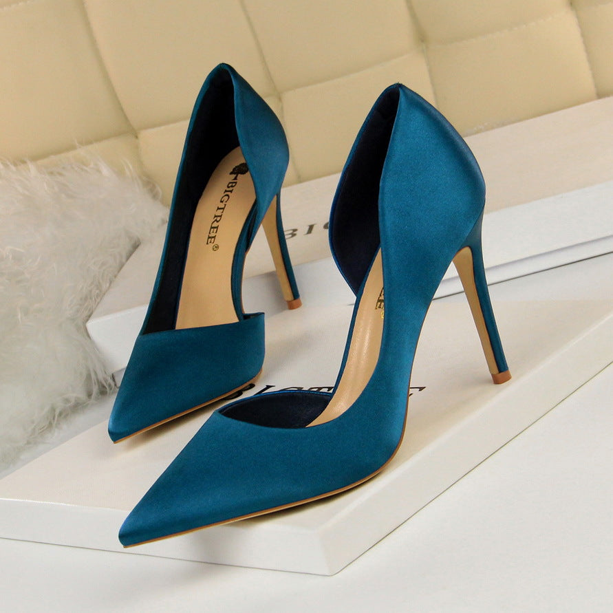2025 830-3 style fine high-heeled satin light mouth pointed side hollow sexy nightclub thin single shoes women's high heels