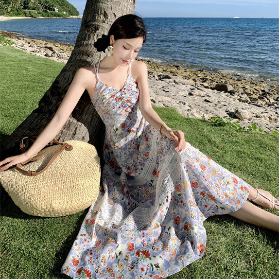 2025 Coffee break vacation style beautiful waist dress seaside photo atmosphere floral neck suspender dress women