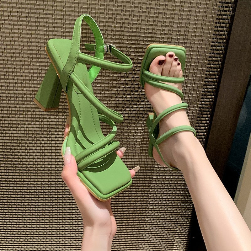 flowersverse Chunky Heel Mid Heel Gentle and All-Match Sandals Fairy Style New Summer Online Influencer Refined Ankle-Strap Buckle High Heels