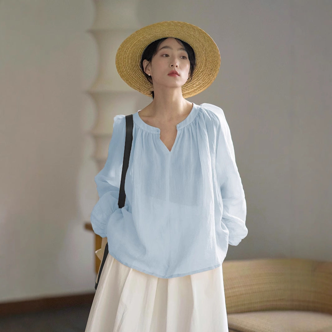 Women's shirt spring soft mist powder long-sleeved shirt wrinkled hemp texture ramie loose sunscreen shirt top versatile 220610
