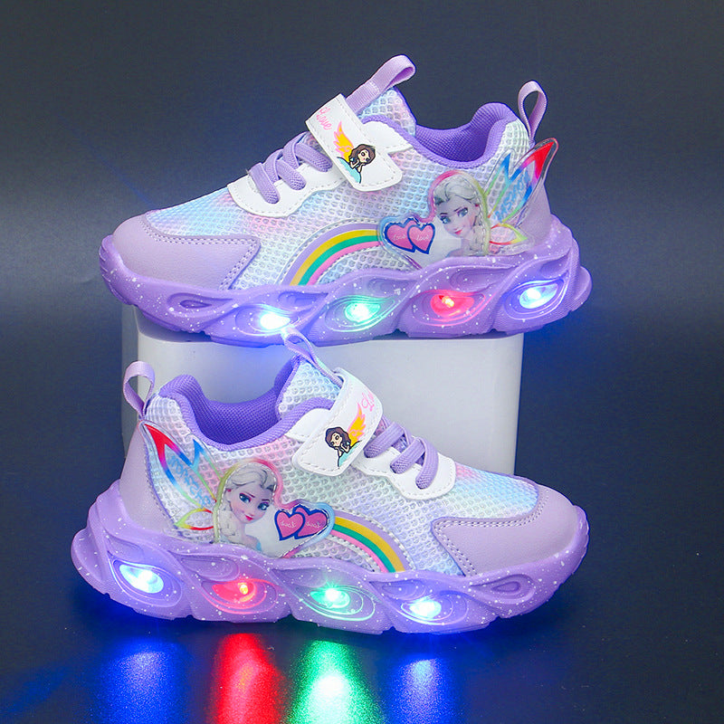 flowersverse With Light Girls' Shoes Autumn New Mesh Surface Breathable Shoes Leather Girls Sneaker Little Girl Princess Shoes