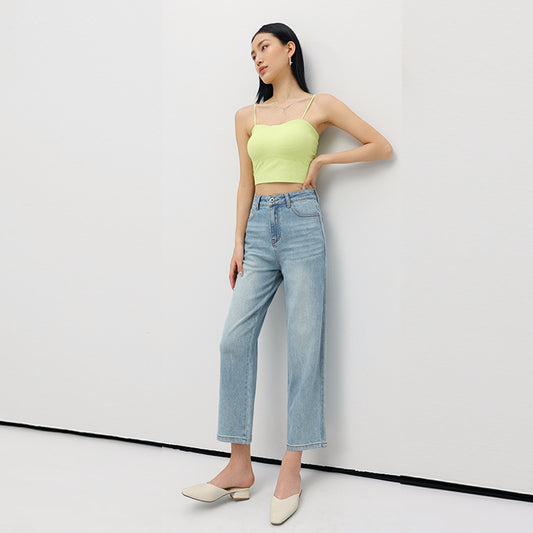 2025 Spring and Autumn high waist high and thin nine-point women's denim straight pants elastic jeans