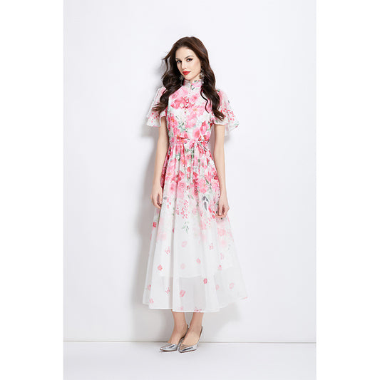 holiday style dress women's pearl breasted waist thin temperament printed chiffon dress
