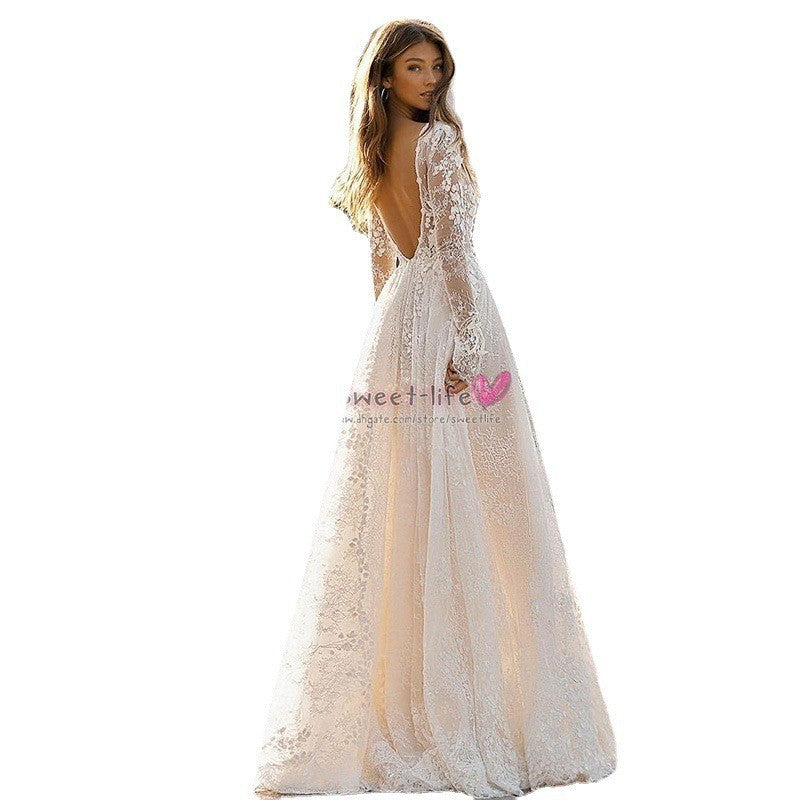 Cross-border Popular trade women's wedding dress, sexy lace long-sleeved vacation dress, evening banquet dress