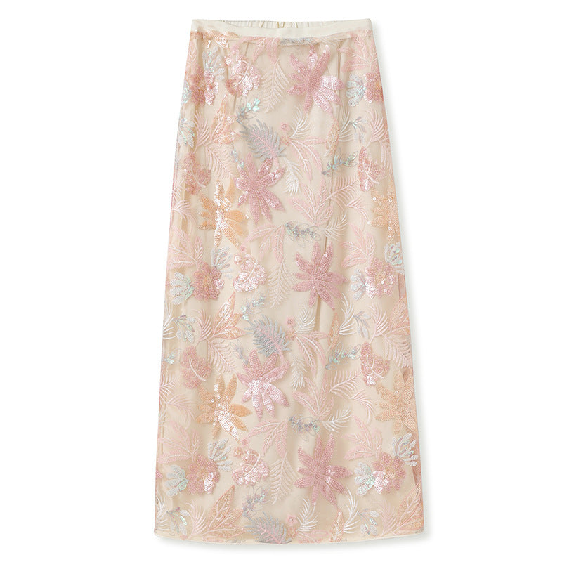 national style temperament heavy industry embroidery pink new Chinese tassel sequined vest skirt two-piece set female N3068