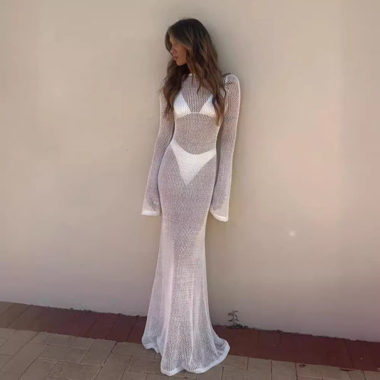 European and American Women's Clothing Summer New Arrival Knitted Long Sleeve Backless Sexy See-through Mopping Maxi Dress