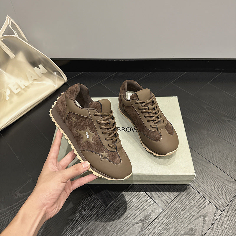 2025 Leather retro shoes women's spring and autumn new flat-bottomed sports and leisure shoes delicate niche Maillard training shoes