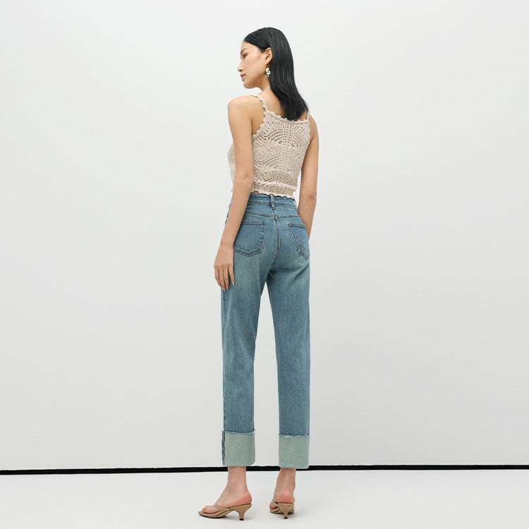 2025 In summer, Xinjiang long-staple cotton micro-elastic stylish flanged straight-leg pants high-definition women's denim nine-point pants are sent on behalf of others