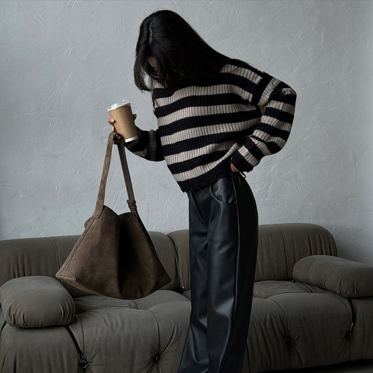 New autumn new product turtleneck striped sweater temperament round neck pullover n sweater women's new knitted women