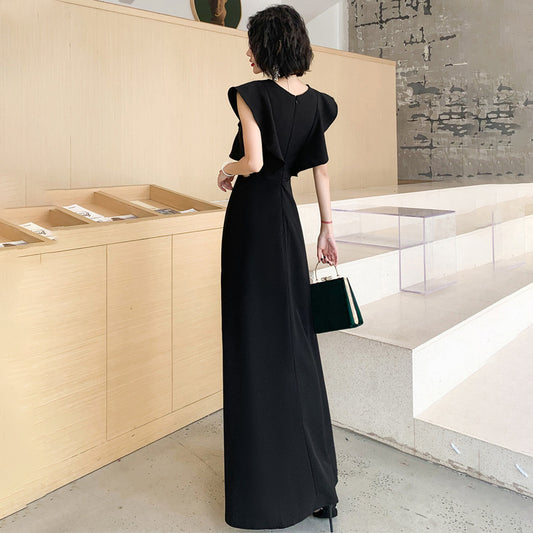 2025 banquet evening dress can be worn in spring, banquet temperament black satin performance chorus dress