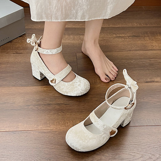 2025 Mary Jane shoes women's retro round head golden velvet lolita shoes high heel thick heel popular new princess shoes