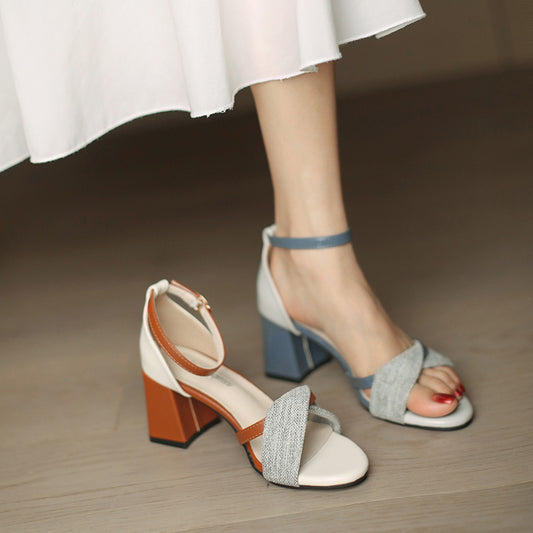 flowersverse Roman Sandals Women's Summer Versatile Mid Heel Summer New Fairy Color Matching Word with Chunky Heel High Heels Women's Small