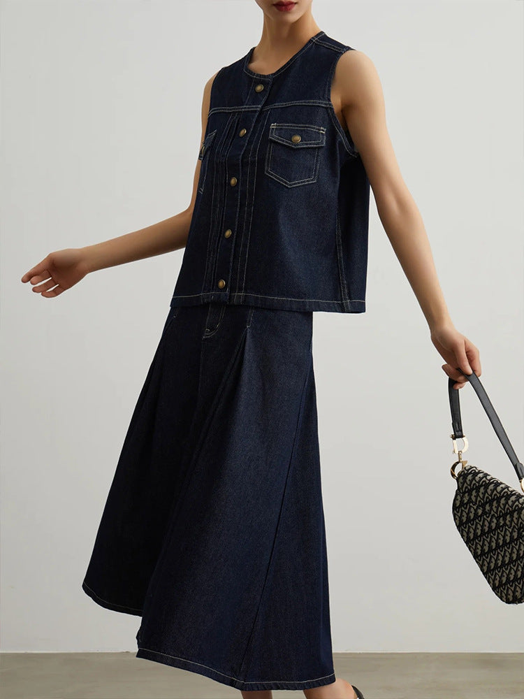 Siyuan S * W same Lyocell cotton retro denim vest/skirt temperament suit women 9102 + 9103