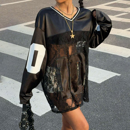 Street style Spice Girl fashion lace splicing contrasting color collar pullover sweater women's loose perspective design sense printed top