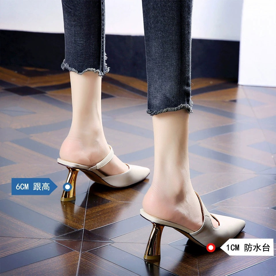 flowersverse Spring New Mid-Heel Comfortable Chunky Heel Sandals Women's High Heels Ol Korean Style Bag Head Lazy Pointed Toe Half Support