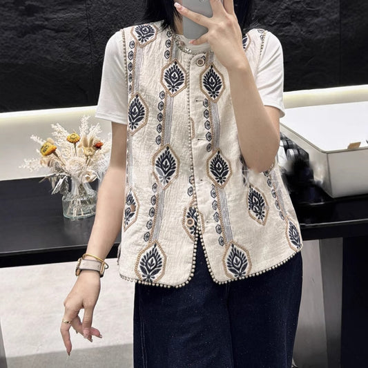 2025 spring style design sense fashion embroidery jacquard retro thin vest temperament outer woman