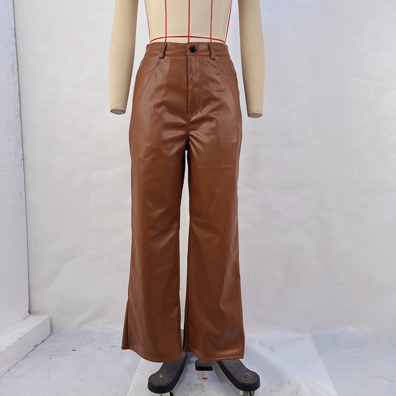 women's straight casual pants, leather pants, high waist and thin retro trousers, loose wide legs, autumn and winter casual