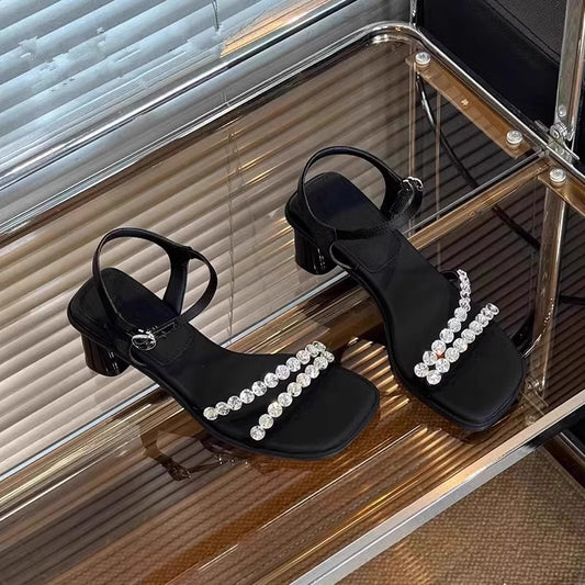 flowersverse Summer New Fairy Style Rhinestone Style One-Word with Chunky Heel Elegant Dress High Heel Beautiful Sandals for Women