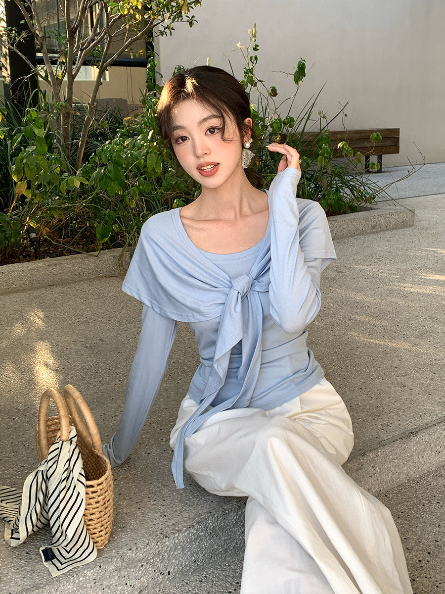 2025 Thirteen Lines Spring New Korean Version Temperament Versatile Shawl Knitted Sweater Women's Long Sleeve Top 89310