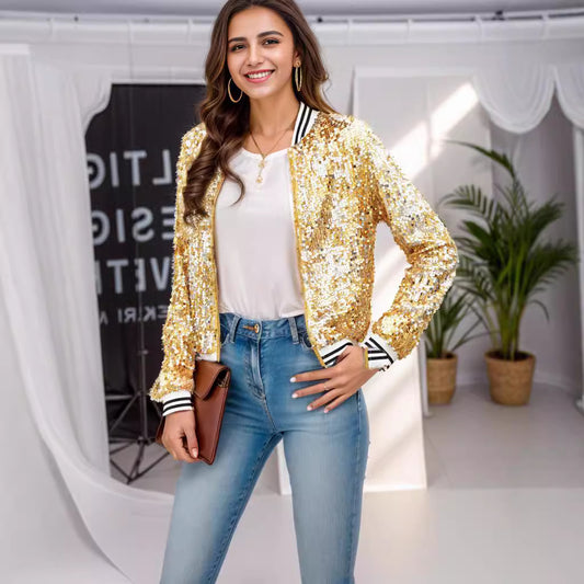 FLOWERSVERSE 2025New spring new 2025 women's clothing fashion stand-up collar color matching sequined jacket short casual versatile small coat