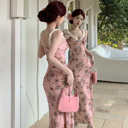 2025 Coffee break romantic v-neck floral suspender dress women's spring and summer new sexy pure desire seaside vacation hip wrap dress